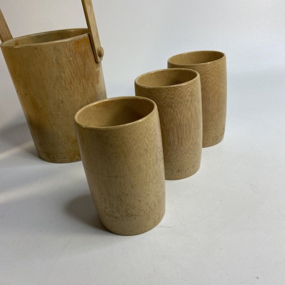 Tiki Bamboo Glasses & Ice Bucket Hand Painted Korean War Souvenir 50's Set of 7 - Picture 6 of 16